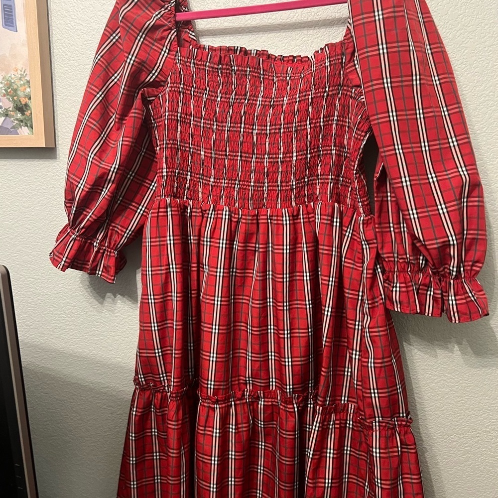 Festive Plaid Smocked Midi Dress with Puff Sleeves in Red - Picture 7 of 8